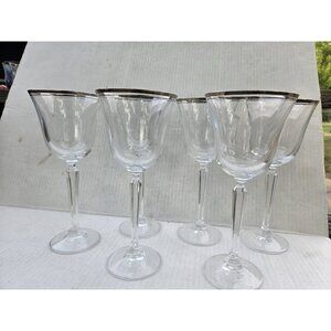 Set 6 Mikasa Briarcliffe Water Goblet Glasses 8 3/8" Blown Glass Dbl Silver Strp